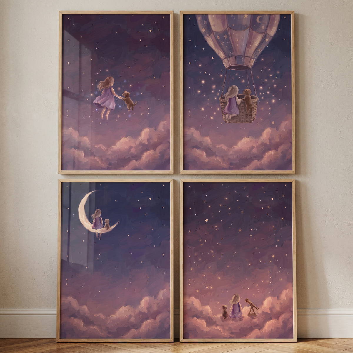 Magical indigo girl dog wall art set of 4 shows a girl and dog on a moon, in a balloon, and among purple starry clouds.