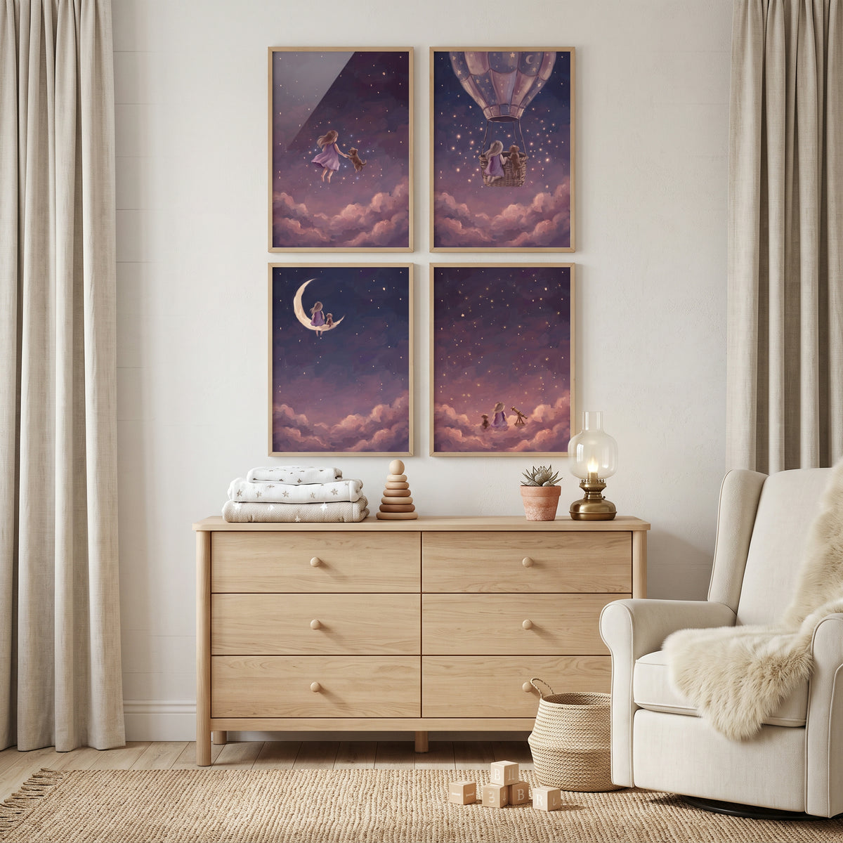 Magical Indigo Girl Dog Wall Art Set of 4 - Celestial Night Journey