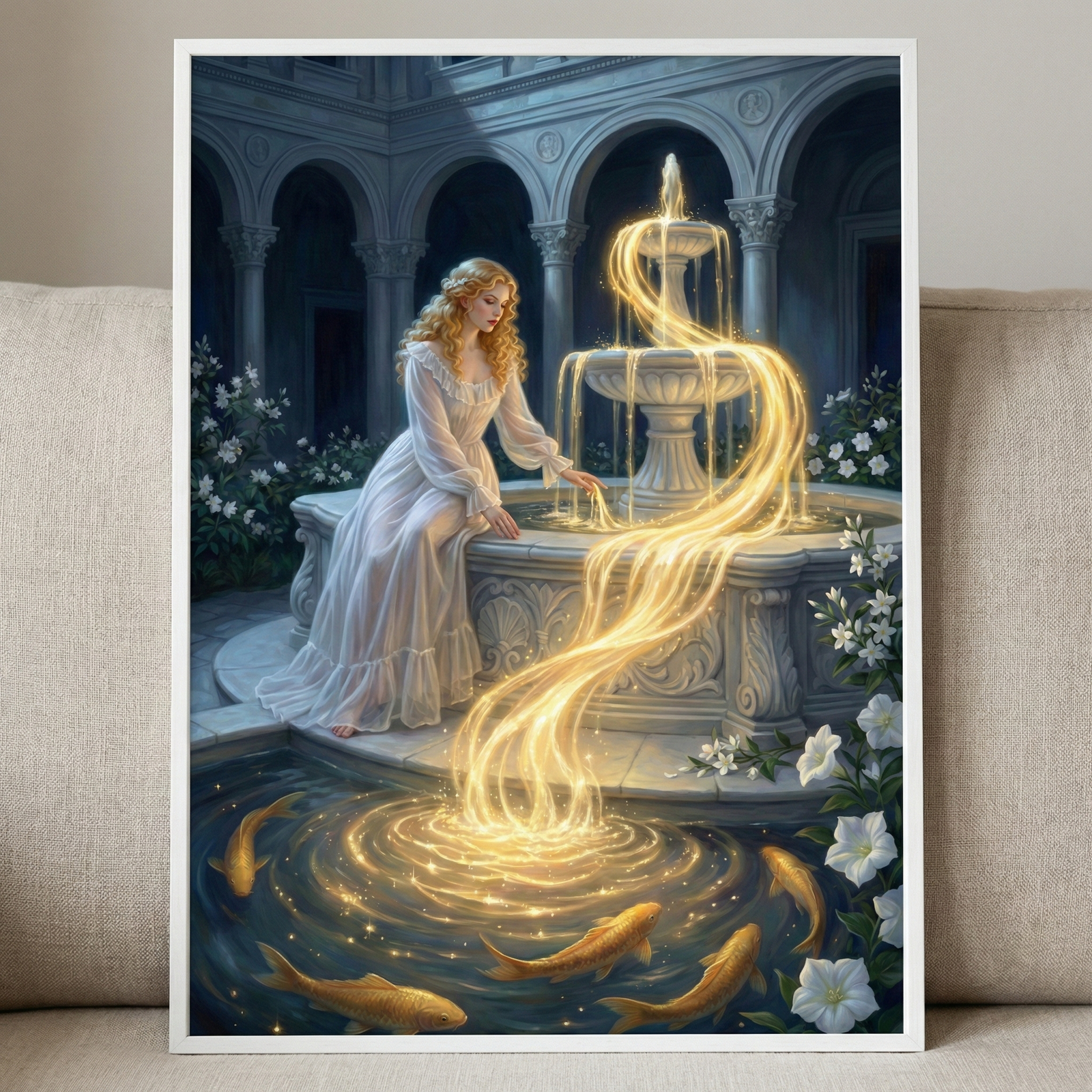 An ethereal fantasy illustration shows a blonde woman in a white, flowing dress sitting on the edge of an ornate stone fountain. Instead of water, glowing golden light cascades from the tiers into a pond below. She gently reaches out to touch the luminous flow. Golden fish swim in the sparkling, swirling light of the pond. The scene is set in a classical courtyard with arched columns and white blossoms. The artwork is framed in white and rests against a beige sofa.