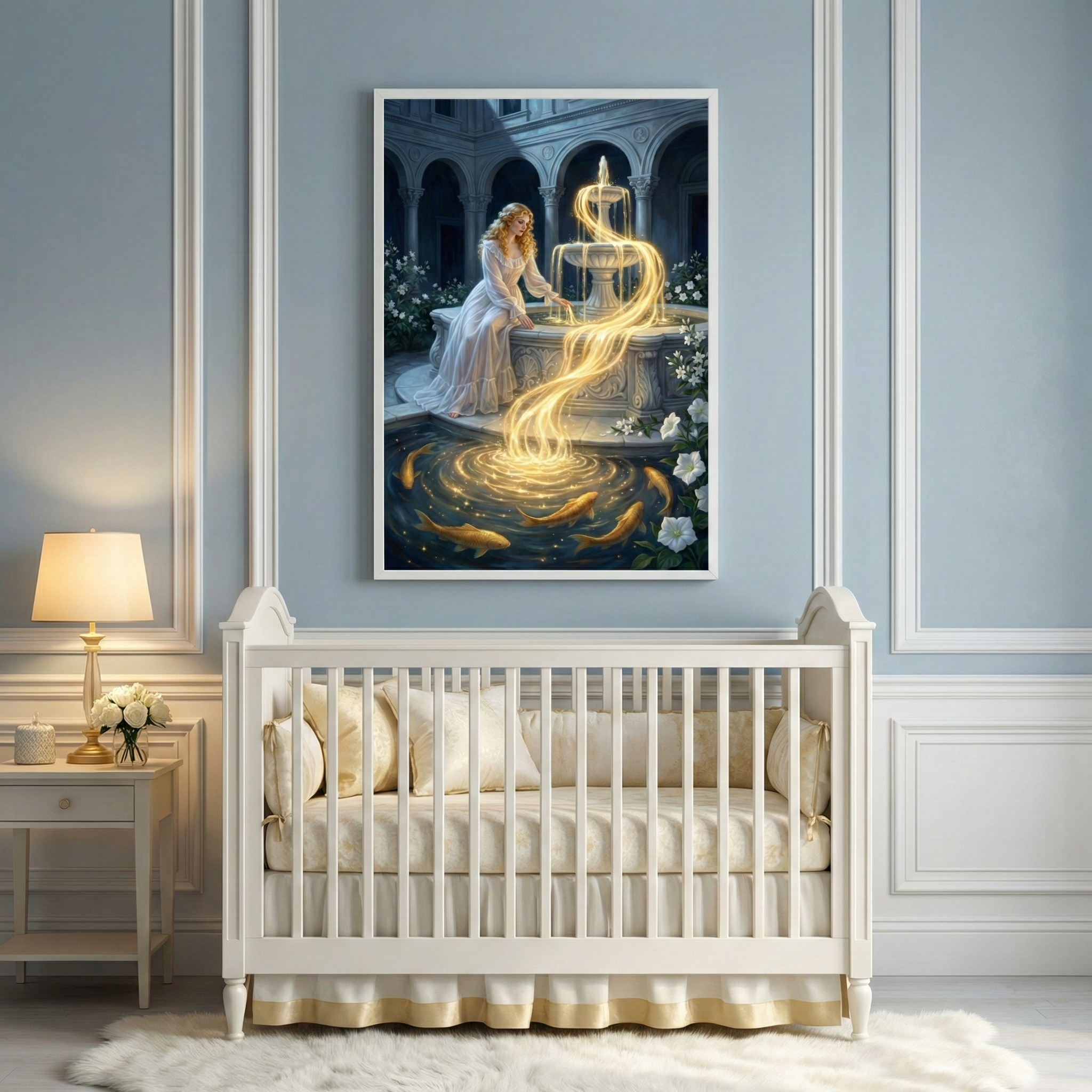 Framed fantasy wall art above a white crib featuring a woman in a flowing white gown beside a stone fountain, guiding a ribbon of glowing golden water into a pond filled with koi fish in a moonlit courtyard. The magical illustration adds an elegant, storybook feel to a soft blue nursery with classic molding and warm bedside lighting.