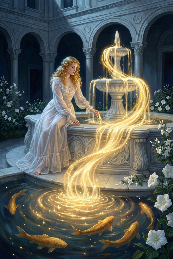 A digital illustration of a woman with long, wavy golden hair in a white gown sitting by a tiered stone fountain at night. Glowing golden liquid cascades from the fountain into a pool. She gently reaches towards the shimmering flow. Golden fish swim in the dark pool below, illuminated by magical sparkles and ripples. Classical stone arches and blooming white flowers frame the ethereal scene in a moonlit courtyard.