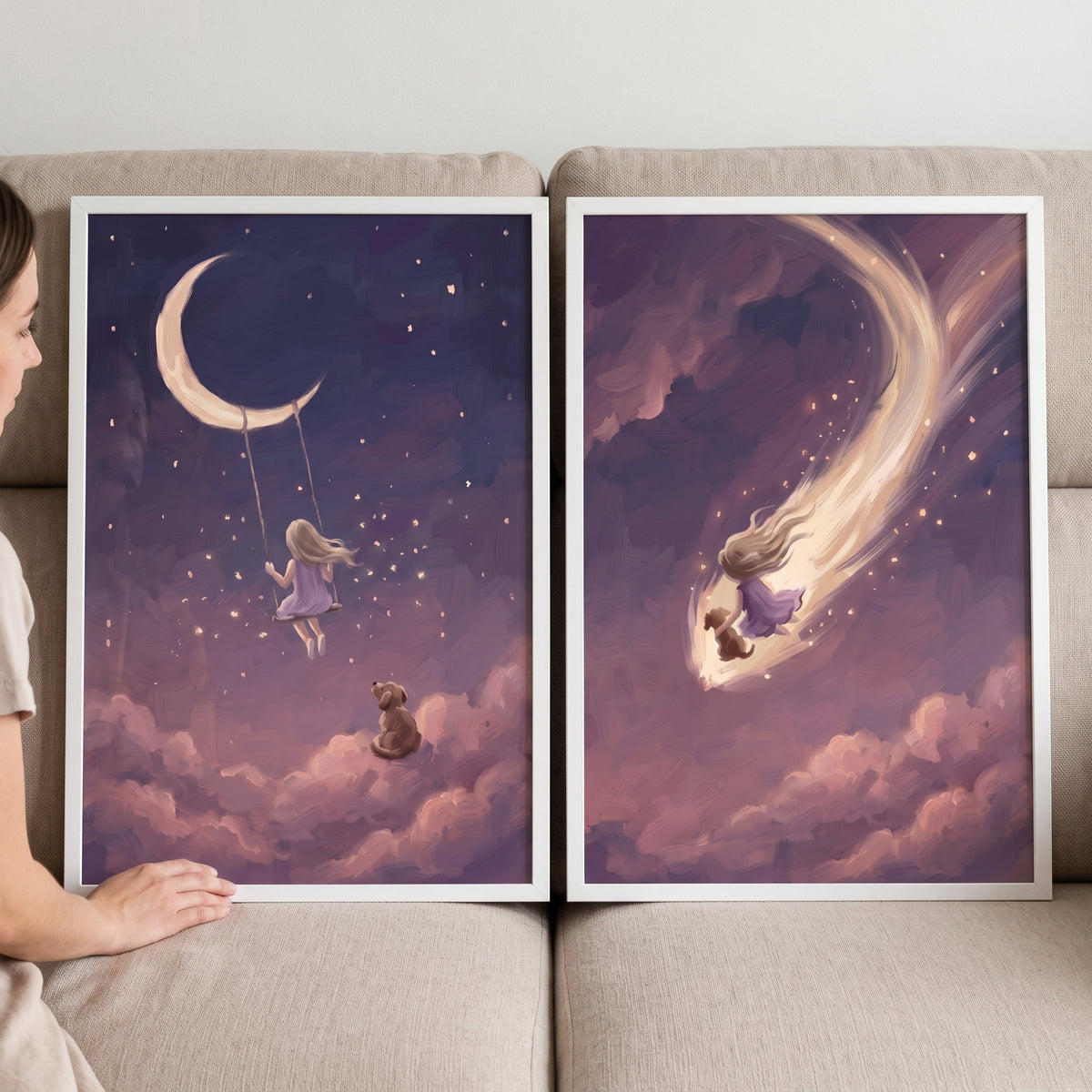 Magical Night Girl Dog Wall Art Set of 2 - Celestial Sky Journey