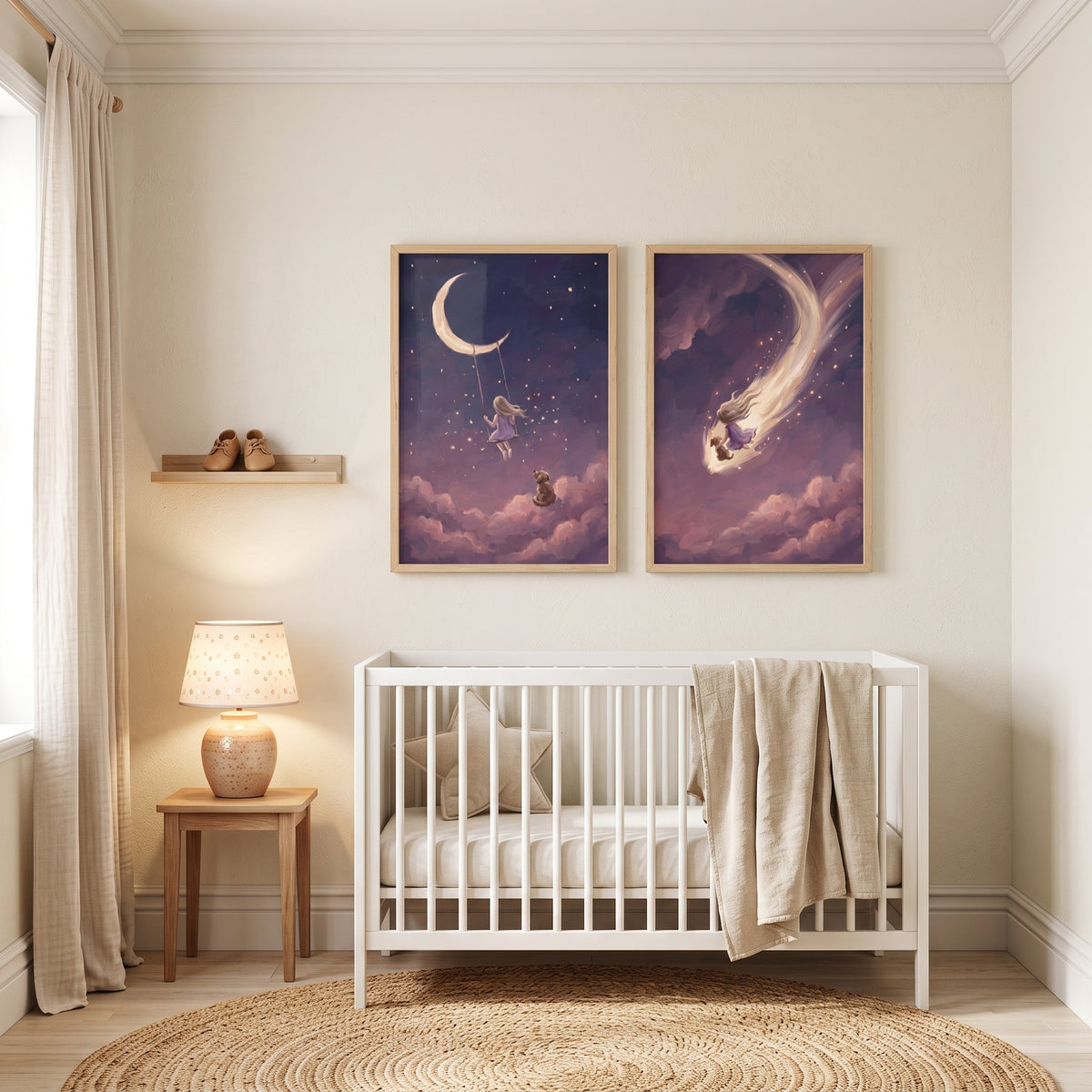 Magical Night Girl Dog Wall Art Set of 2 - Celestial Sky Journey