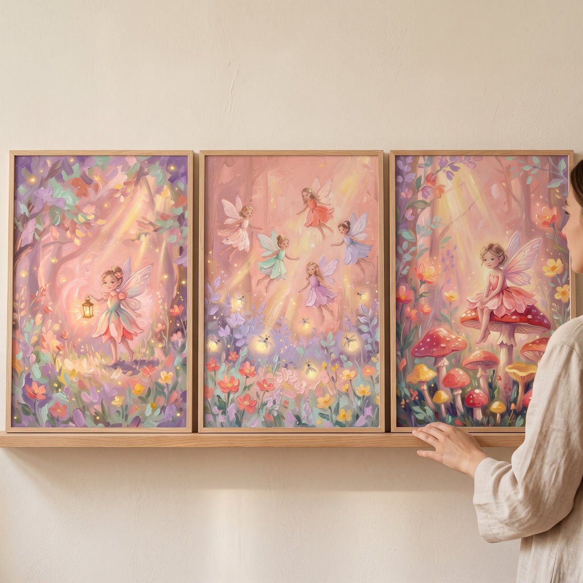 Magical sunbeam forest fairy wall art set of 3 featuring whimsical fairies, flowers, and glowing mushrooms on a shelf.