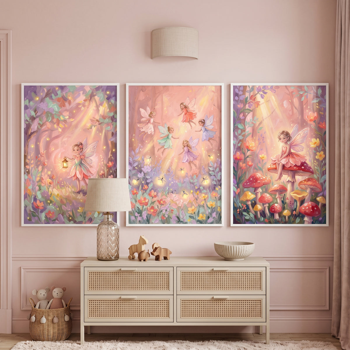 Magical Sunbeam Forest Fairy Wall Art Set of 3 - Enchanted Fairy Glade