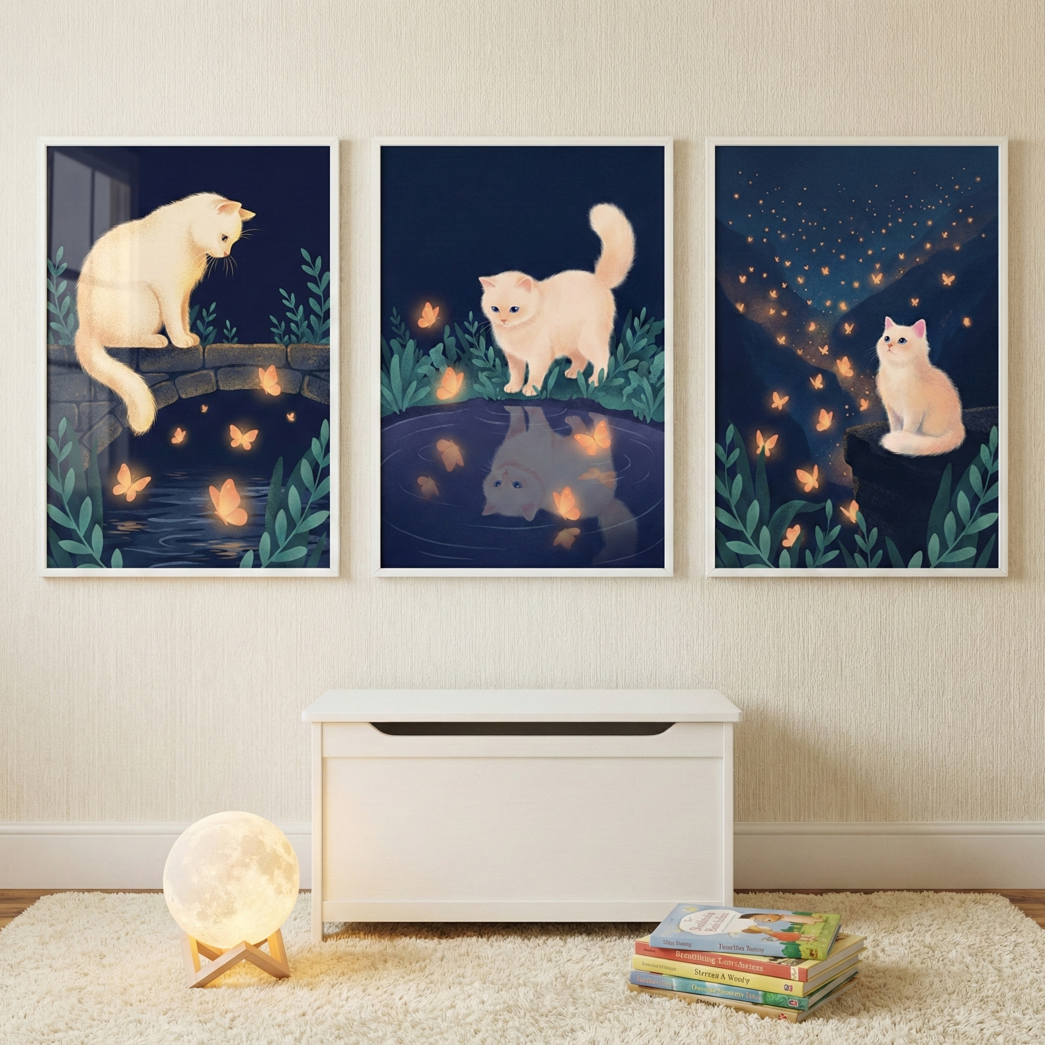 Magical White Cat Wall Art Set of 3 - Starlit Feline Dreams