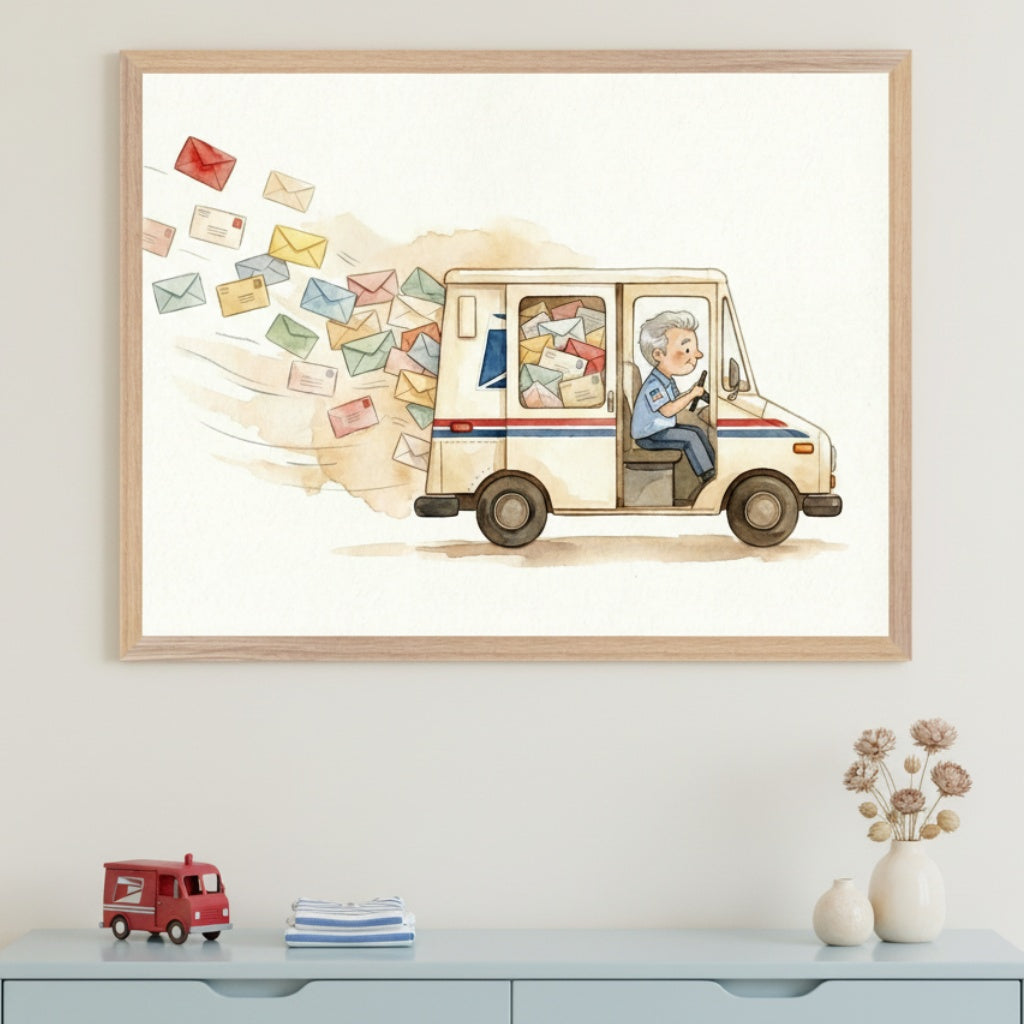 Modern room with a light blue dresser. A framed watercolor painting above depicts a postman driving a white mail truck, with many colorful letters spilling out from the back.