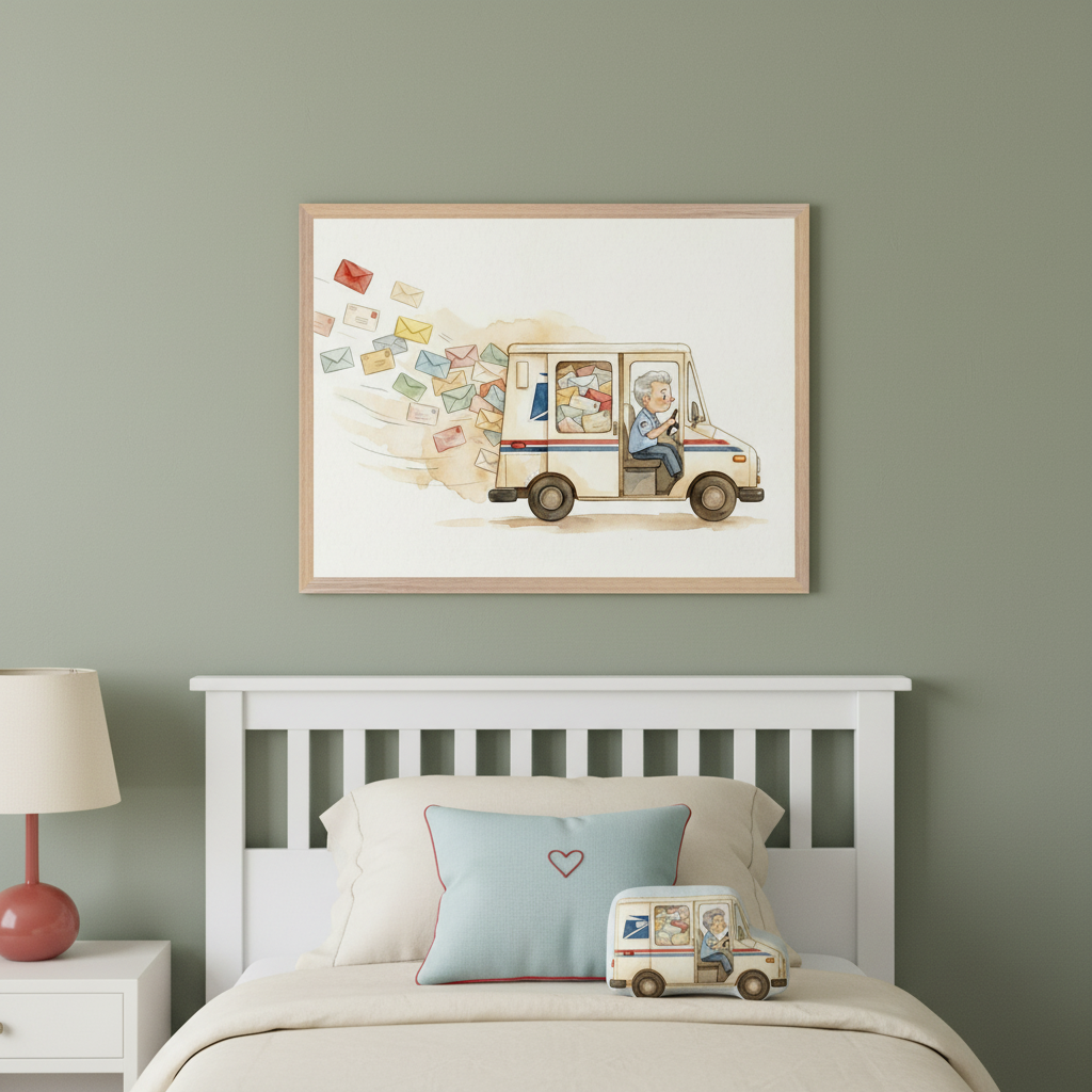 Kid's bedroom with a white wooden bed frame and headboard, and a bedside table with a lamp. A framed watercolor illustration of an elderly mail carrier in a postal truck with letters spilling out hangs above the bed. A miniature postal truck figurine rests on the bed.
