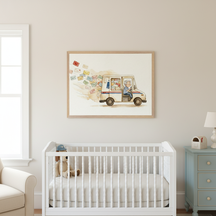 Bright nursery with a white crib and light blue dresser. A framed watercolor print with a light wood frame hangs above the crib, depicting a postman driving a mail truck with colorful letters flying out.