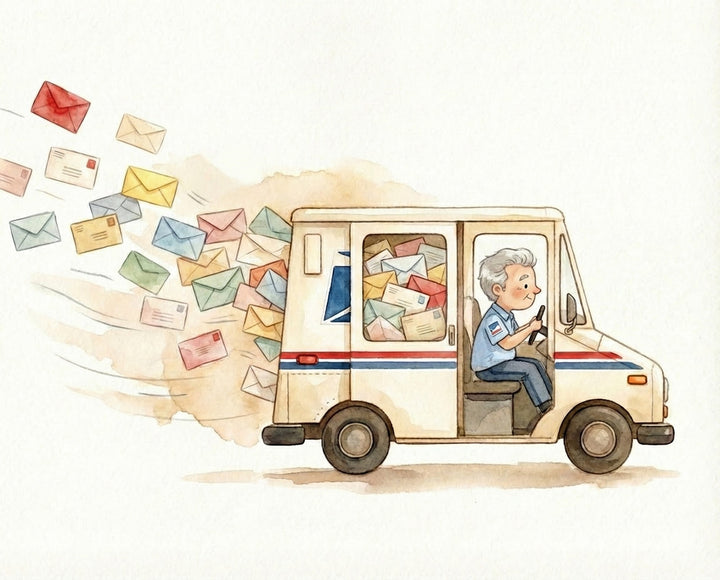 A whimsical watercolor of a cheerful mail carrier driving a postal truck overflowing with colorful envelopes flying out the back. The playful design conveys speed and the joyful chaos of delivering mail.
