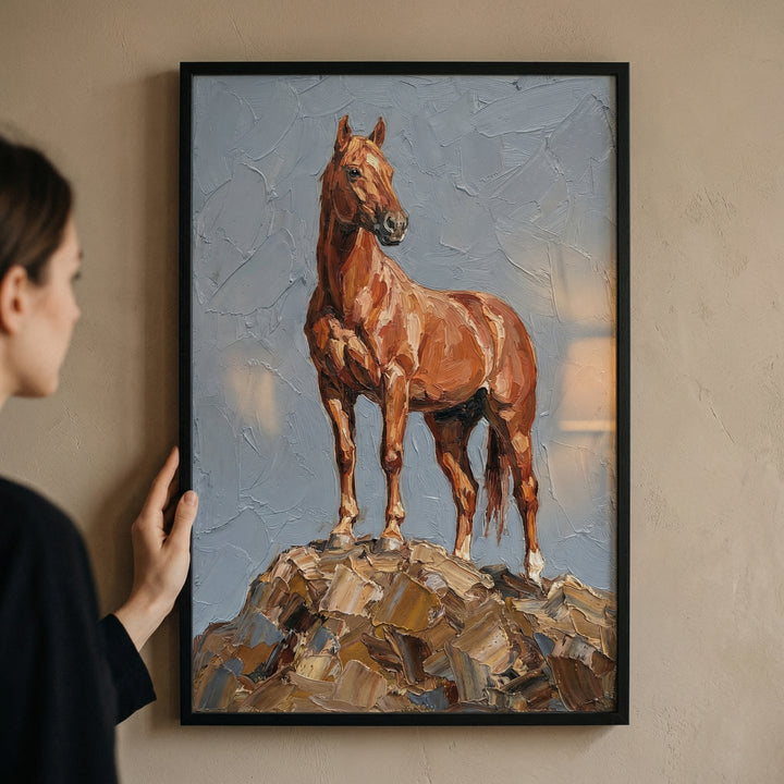 A vertical, framed textured artwork held against a neutral beige wall. The piece features a chestnut-colored horse standing on a rugged pile of rocks. The animal is depicted with thick, prominent palette knife strokes, creating a heavy impasto effect that gives the horse a powerful, muscular appearance. 
