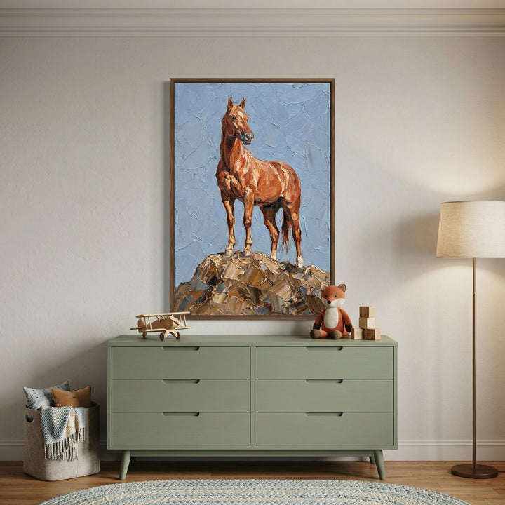 A framed vertical canvas art piece hangs on a light-colored wall with crown molding. The artwork shows a brown horse standing on a pile of textured, multi-colored rocks against a pale blue background. The entire image has a heavy, layered texture. Below the art is a muted green six-drawer dresser with four light-colored wooden legs. 