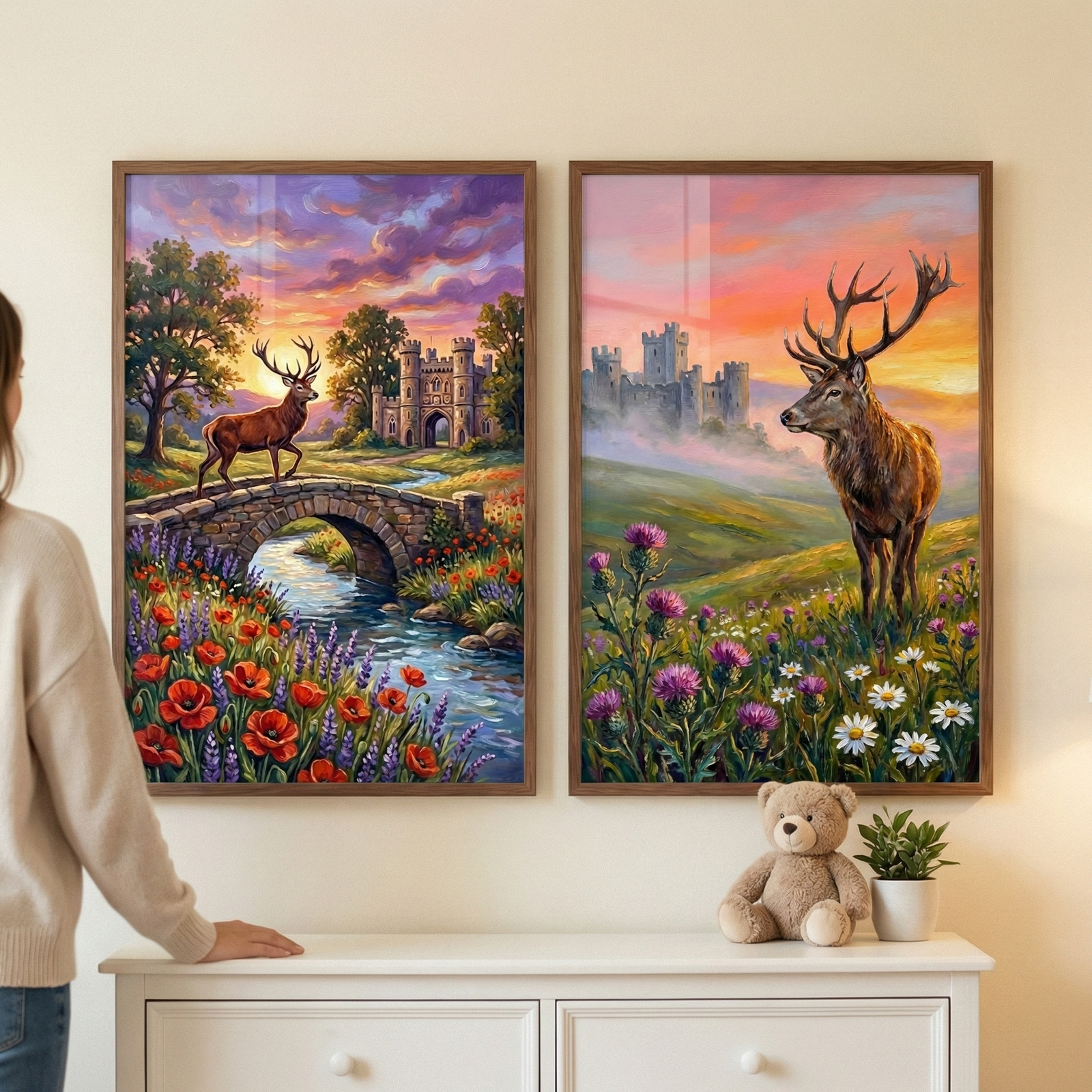 Two framed artworks hang on a wall above a white dresser. The left image depicts a stag on a stone bridge over a stream with a castle and red and purple flowers under a sunset sky. The right image shows a stag against a soft sky with a distant castle and wildflowers. On the white dresser below sits a small teddy bear and a small potted plant. A person is partially visible on the left side of the scene.