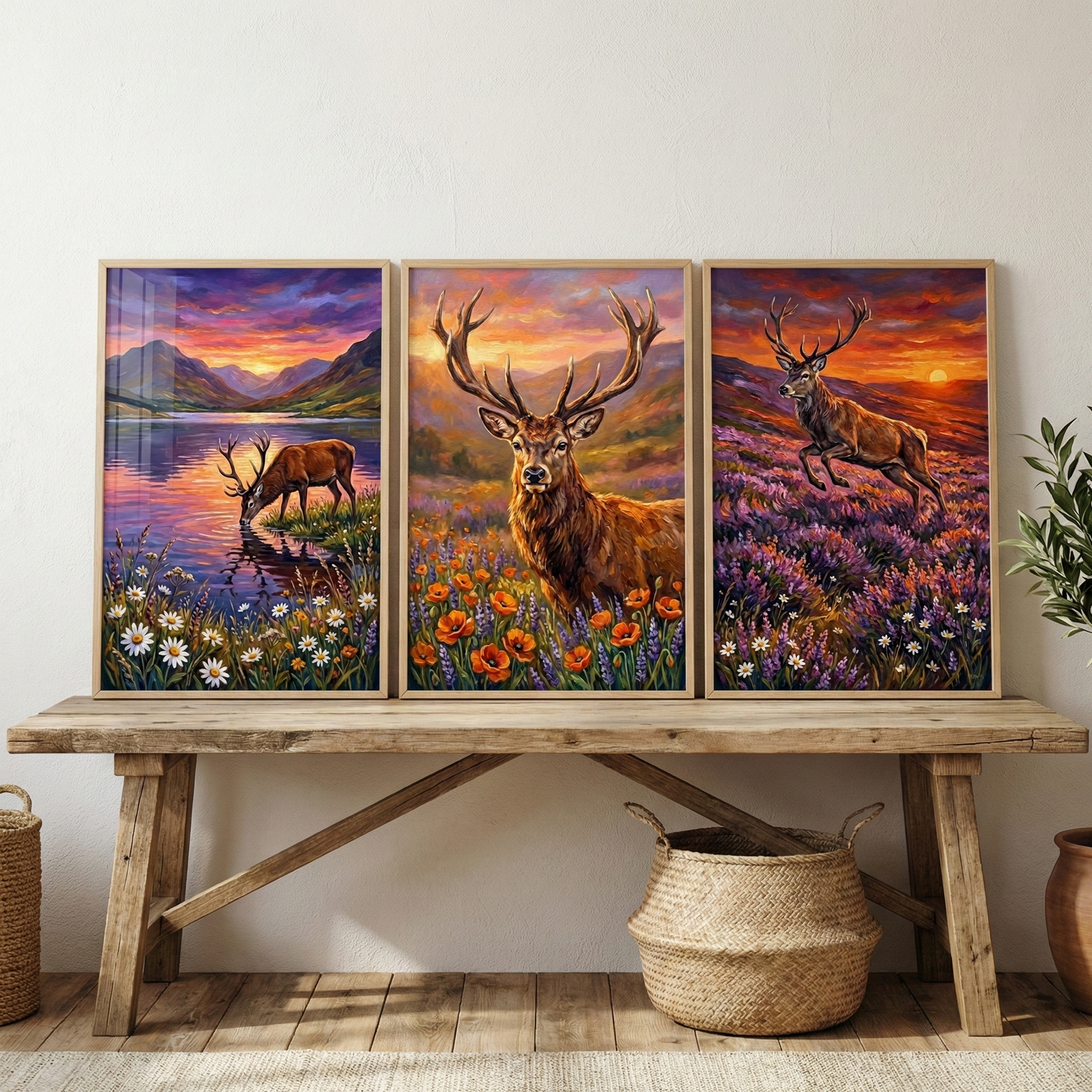 Three framed vertical artworks are arranged on a rustic wooden bench in a minimalist room. Each frame features a detailed depiction of a stag with large antlers set against a vibrant sunset landscape. The left frame shows a deer drinking from a still mountain lake reflecting purples and pinks. The center frame is a close-up of a stag in a field of bright orange poppies and lavender. 