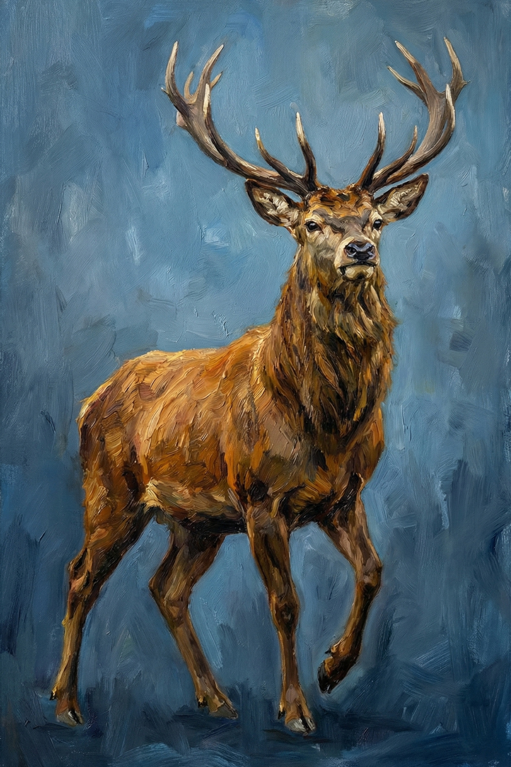 A majestic stag stands among blooming purple heather and rocky terrain, looking forward with its antlers fully extended against a dreamy blue and pink brushstroke sky.
