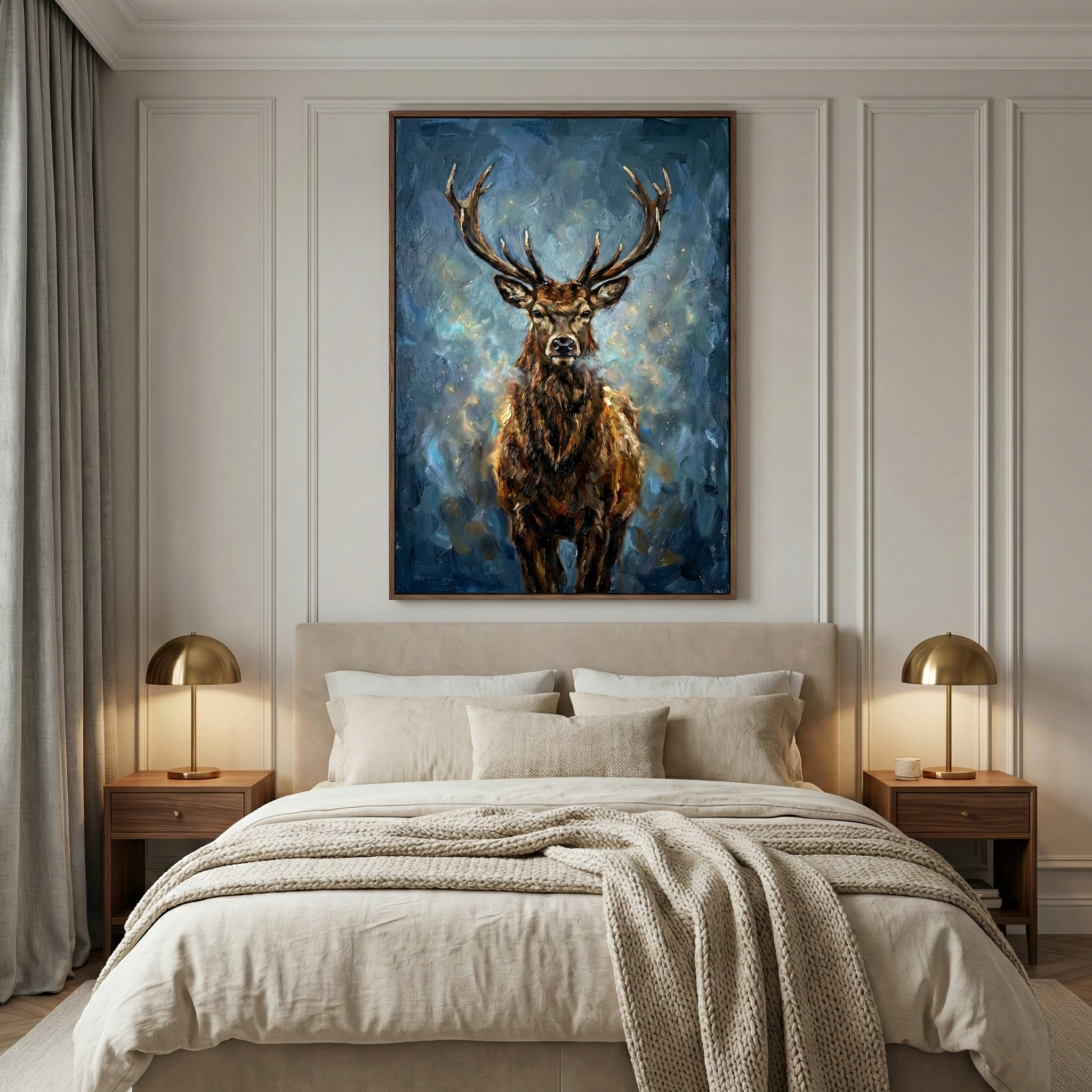 A sophisticated bedroom interior featuring a large vertical artwork of a majestic stag centered above the bed. The stag has prominent antlers and is depicted in rich brown tones against a textured blue and gold backdrop. The bed is layered with neutral-toned pillows and a chunky knit throw blanket. Two dark wood bedside tables sit on either side, each holding a modern gold-toned dome lamp.