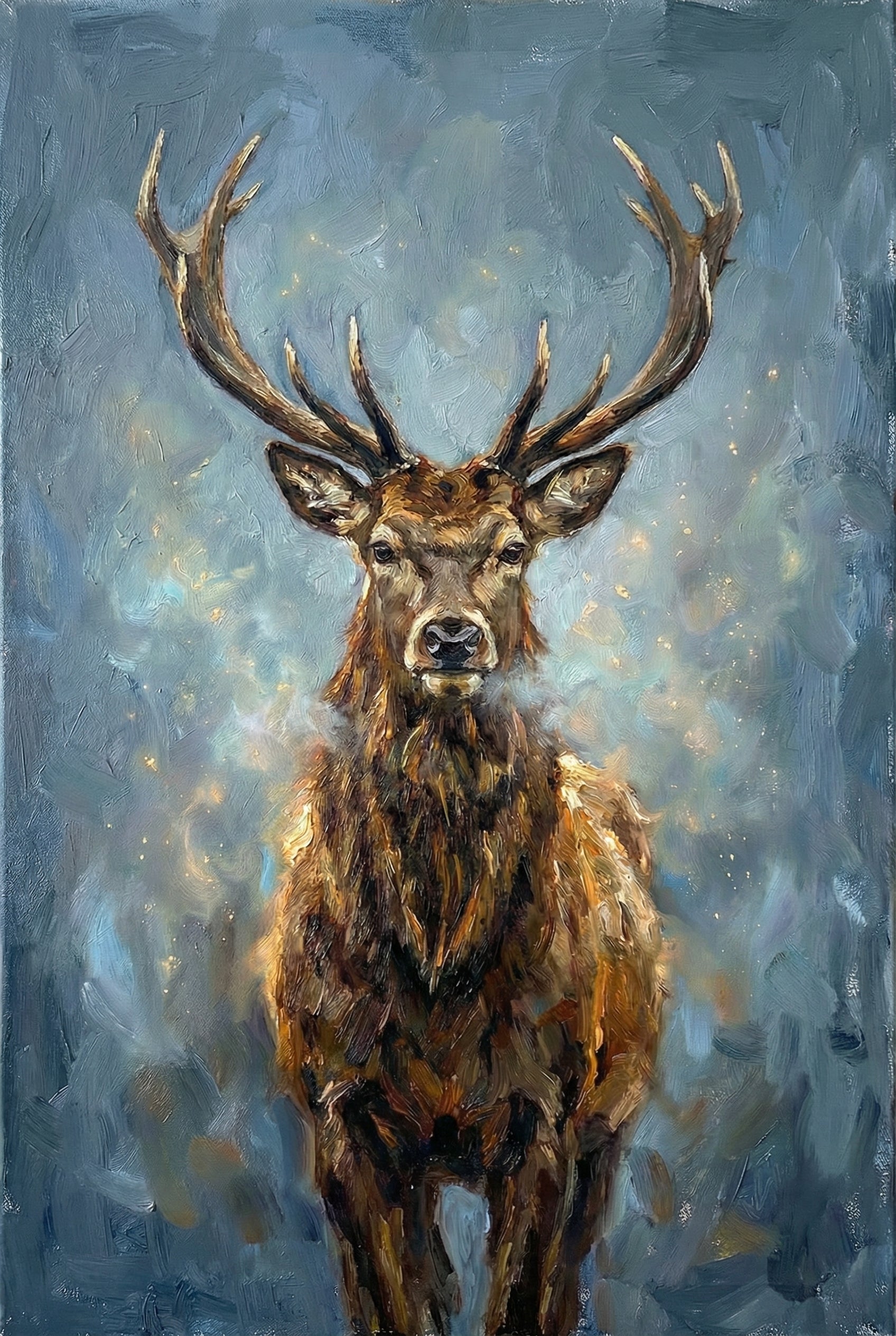 A stag with sharp antlers appears through a misty, glowing blue background speckled with golden flecks, giving the painting a magical or ethereal atmosphere.
