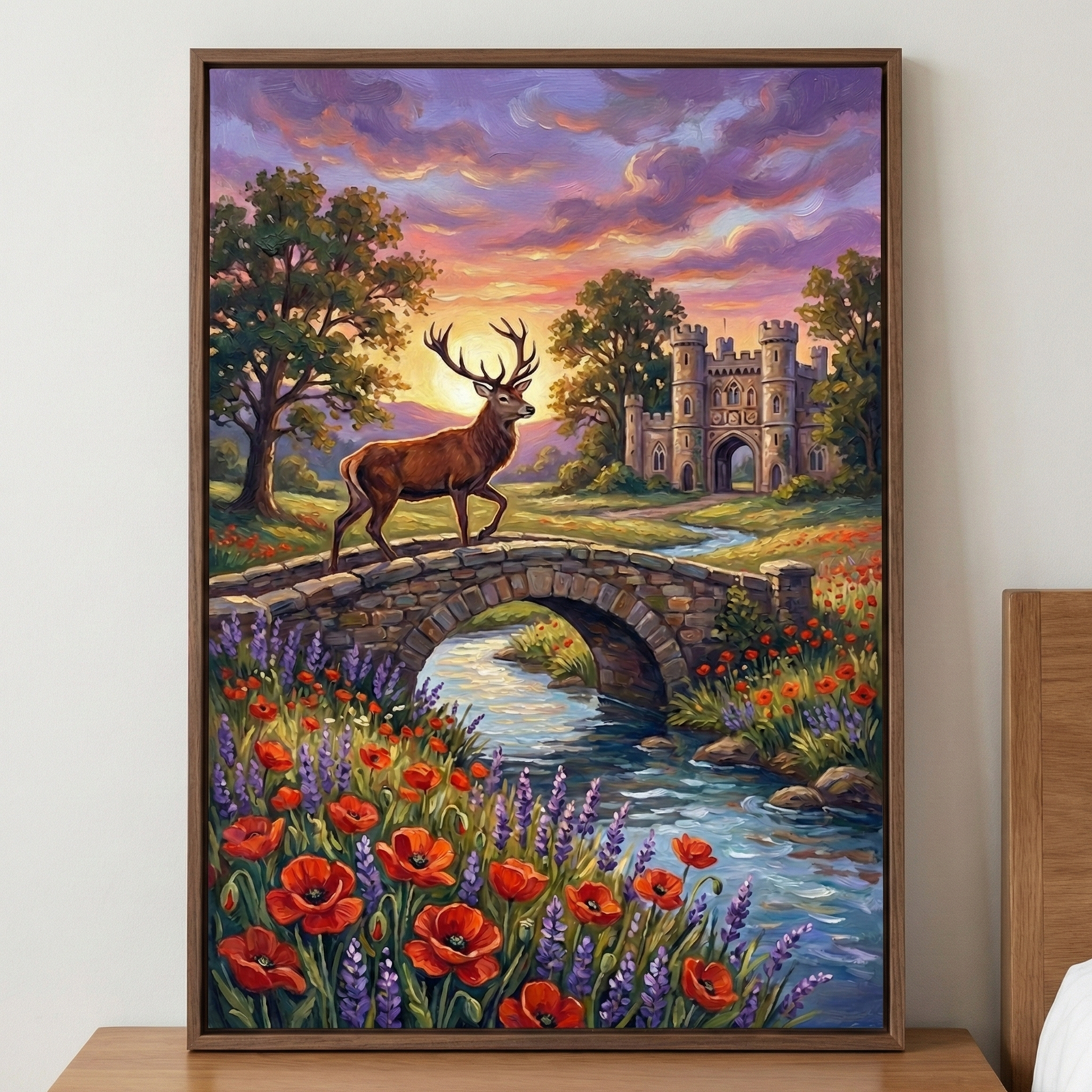 A vertical framed artwork depicts a majestic stag with large antlers standing on a rustic stone bridge. Beneath the bridge, a gentle stream flows through a field of vibrant red poppies and tall purple flowers. In the background, a multi-towered stone castle is nestled among lush green trees under a dramatic sunset sky filled with swirling clouds in shades of purple, orange, and yellow. The piece is housed in a thin brown frame and is displayed on a wooden surface against a plain wall.