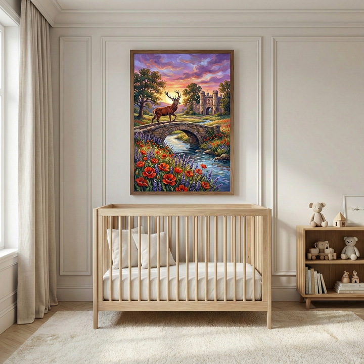 A serene nursery features a light wood crib positioned against a white paneled wall. Above the crib, a large framed art piece depicts a stag on a stone bridge over a winding river. The scene includes a sunset over a distant castle, with bright red and blue flowers in the foreground. To the left, a window is draped with light-colored curtains. To the right, a small wooden bookshelf holds simple toys and books. A soft, off-white rug covers the floor, creating a cozy atmosphere.