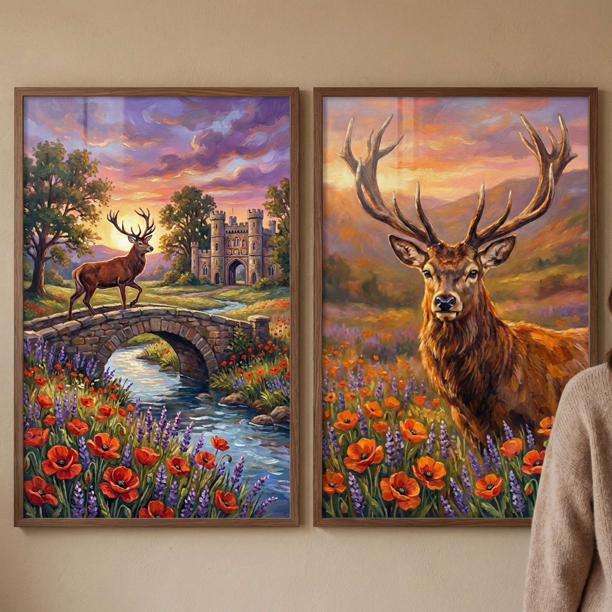 Two framed artworks hang side-by-side on a wall. The left piece shows a stag on a stone bridge over a stream, with a castle in the distance under a purple and orange sunset. Red and purple wildflowers fill the foreground. The right piece is a close-up portrait of a stag with large antlers, standing in a field of the same vibrant flowers against a glowing sunset. Both pieces have visible, textured brushstrokes and are in simple wooden frames. Part of a person’s sweater is on the right.