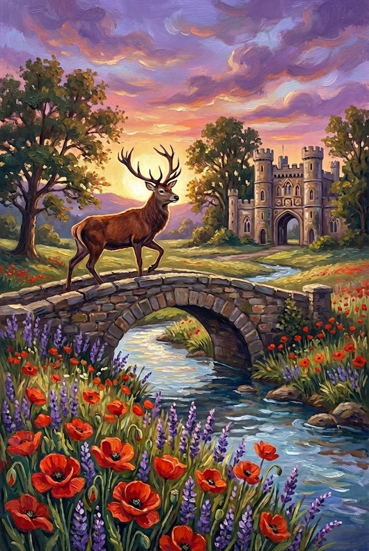 Oil painting of a stag stepping across a small arched stone bridge over a flowing stream. Red poppies and purple flowers line the banks while a castle gate stands in the distance beneath a glowing sunset sky. The composition suggests movement through a fairytale landscape.


