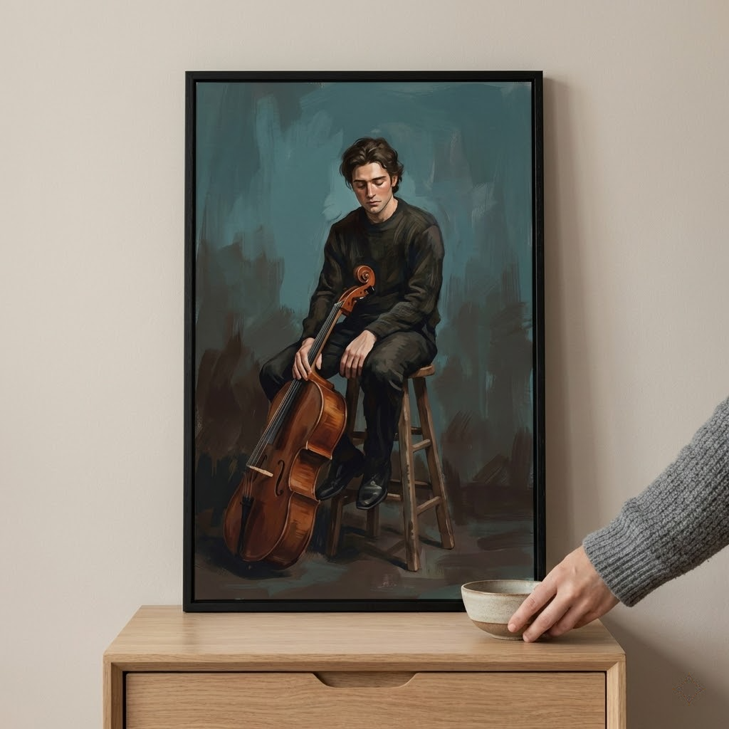 A framed artwork rests on a light wood cabinet against a neutral-colored wall. The illustration within the frame depicts a young man with dark, wavy hair sitting on a wooden stool, holding a cello. He is dressed in a dark sweater and trousers, looking downward with a pensive expression. The background of the piece is composed of broad, textured strokes of teal, brown, and gray. To the right of the frame, a person's arm in a gray sweater is seen holding a small ceramic bowl near the edge of the cabinet.