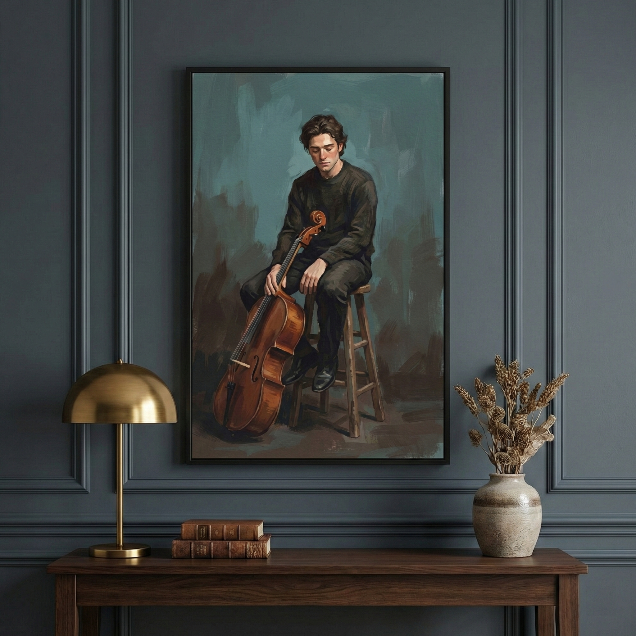 A sophisticated interior scene features a dark gray paneled wall with a large framed artwork at its center. The artwork depicts a man with dark hair in a somber pose, seated on a wooden stool and cradling a cello against a backdrop of textured teal brushstrokes. Below the frame, a dark wooden console table is neatly arranged with a brass-colored dome lamp on the left, a stack of three antique leather-bound books in the middle, and a ceramic vase holding dried, wheat-like botanicals on the right.