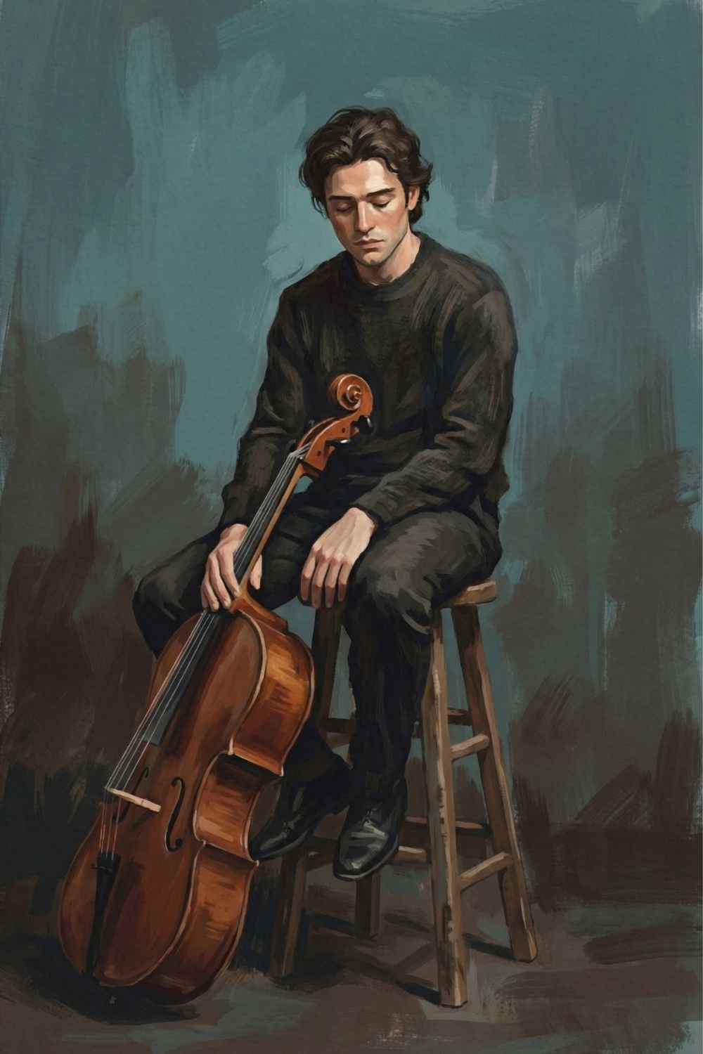 The same young man dressed in black sits on a stool holding his cello upright between his knees, his head bowed and expression somber against a muted teal background.
