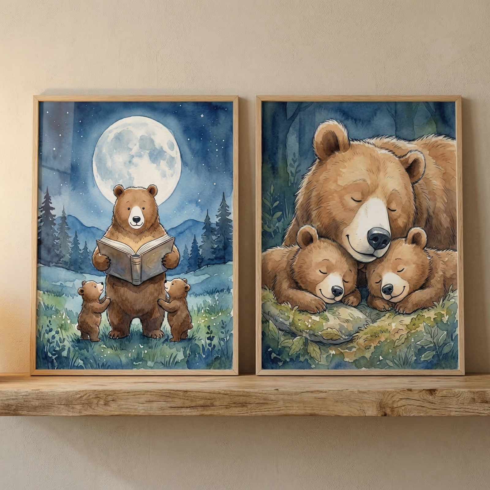 Two framed watercolor-style illustrations of bears rest on a wooden shelf. In the left frame, a large brown bear reads an open book to two small cubs under a bright full moon and starry night sky. In the right frame, the large bear sleeps peacefully with the two cubs nestled against it in a lush forest setting. Both pieces of art feature soft colors and a whimsical, gentle aesthetic.