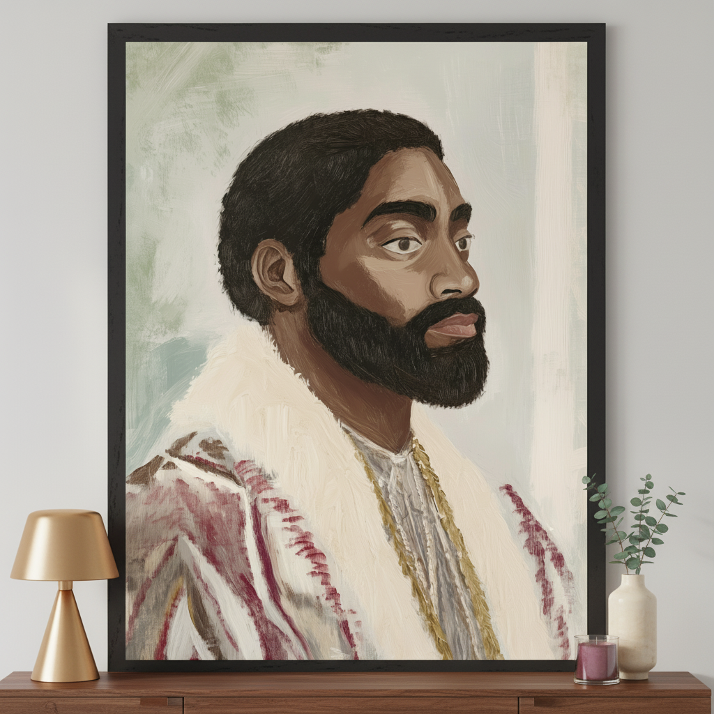 Modern room with a wooden dresser. A framed painting of a dark-skinned man with a beard, in a white fur-collared garment and gold chains, looking right, hangs centered above the dresser. The artwork has a painterly style with an abstract light green and white background.