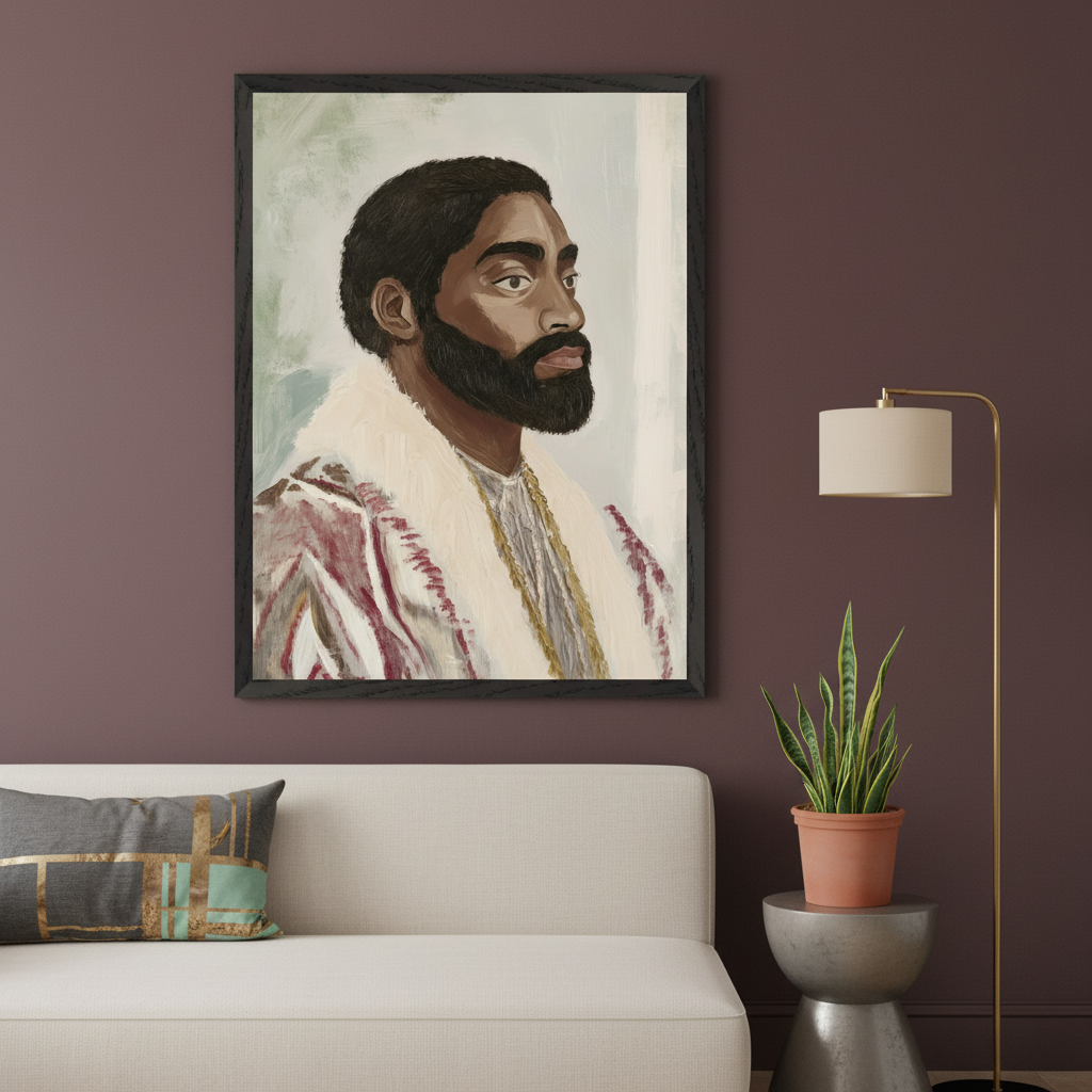 Modern living room with a framed painting of a Black man with a beard, in a white shawl and red garment, above a cream sofa. A brass floor lamp and plant on a silver side table are to the right.