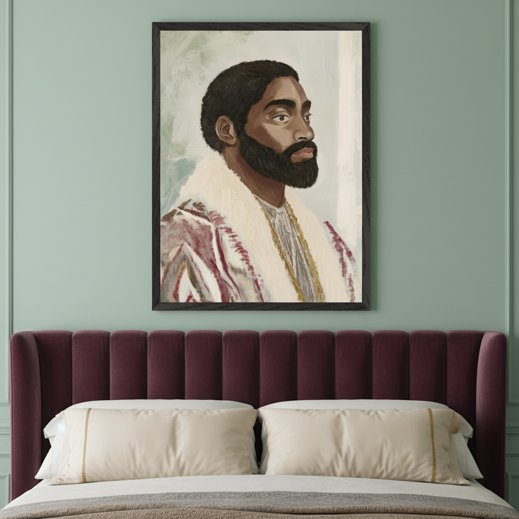 Bedroom with a plum channel-tufted headboard. A framed painting of a Black man with a beard, wearing a white fur-collared garment over a red-and-white patterned top, and a gold chain, looking right, hangs centered above the bed on a light green wall.