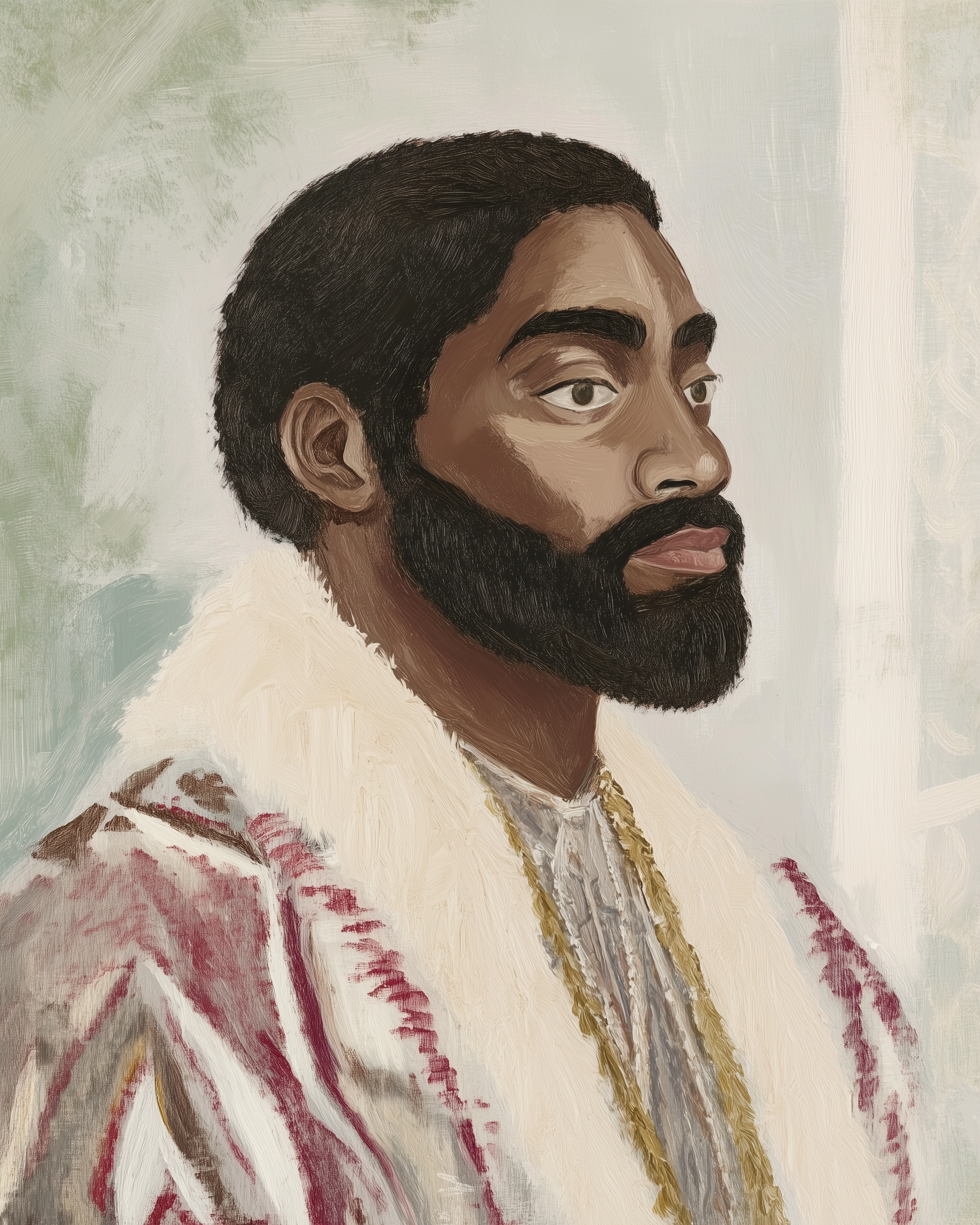 An illustration of a man with a full beard and natural hair, gazing to the right. He wears a regal fur-lined garment with a gold chain, set against a neutral, textured background.