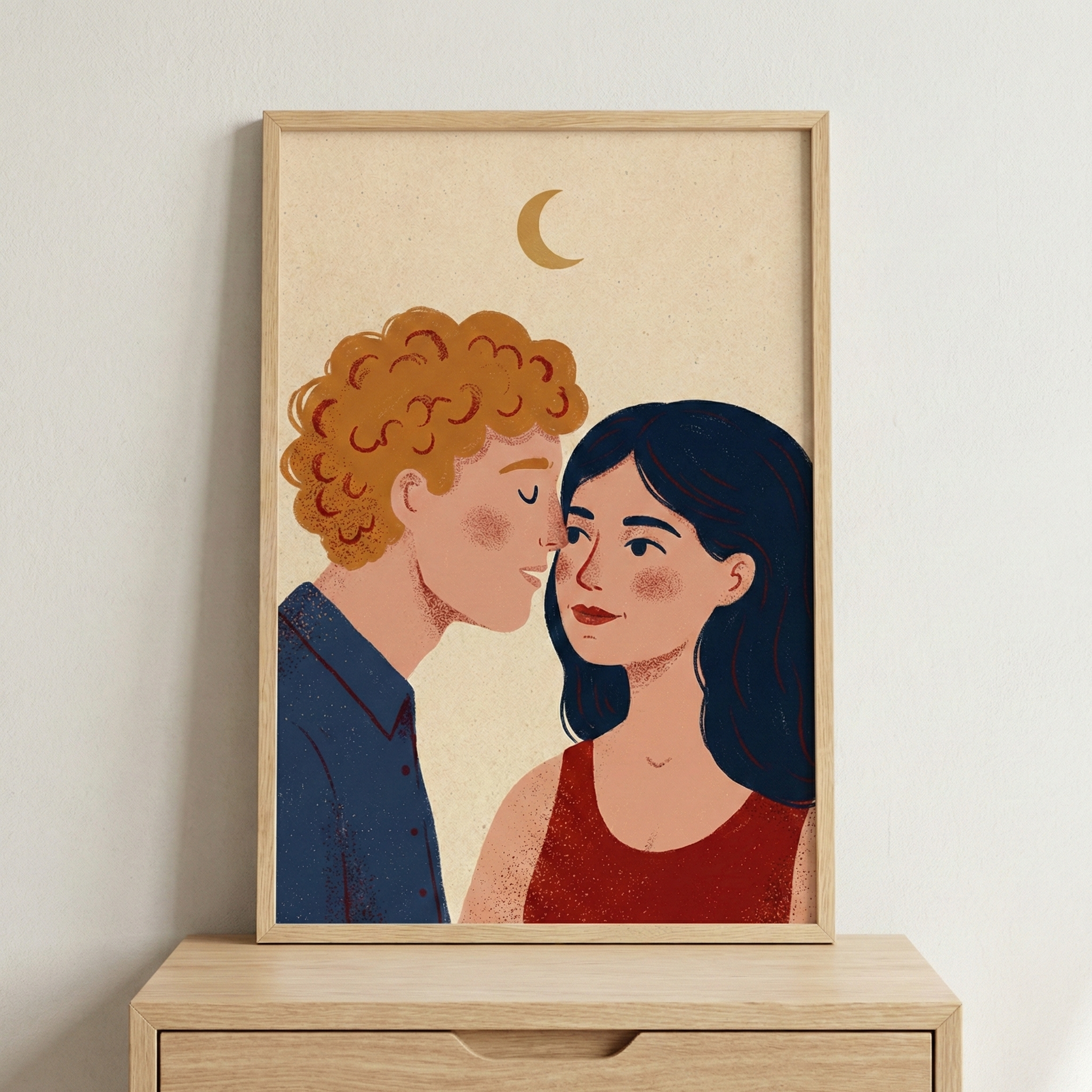 A framed illustration resting on a light wood dresser, featuring a stylized couple standing close under a golden crescent moon. The man with curly red hair leans in toward a dark-haired woman in a red dress, both with soft, content expressions.