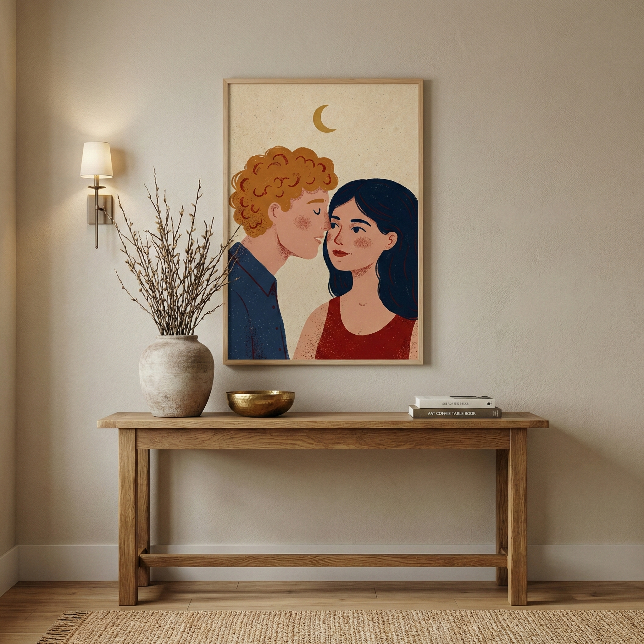 A cozy interior wall scene with a framed print of a romantic couple under a crescent moon, displayed above a wooden console table. Earth-toned decor, including a ceramic vase with dried branches and art books, complements the warm palette of the artwork.