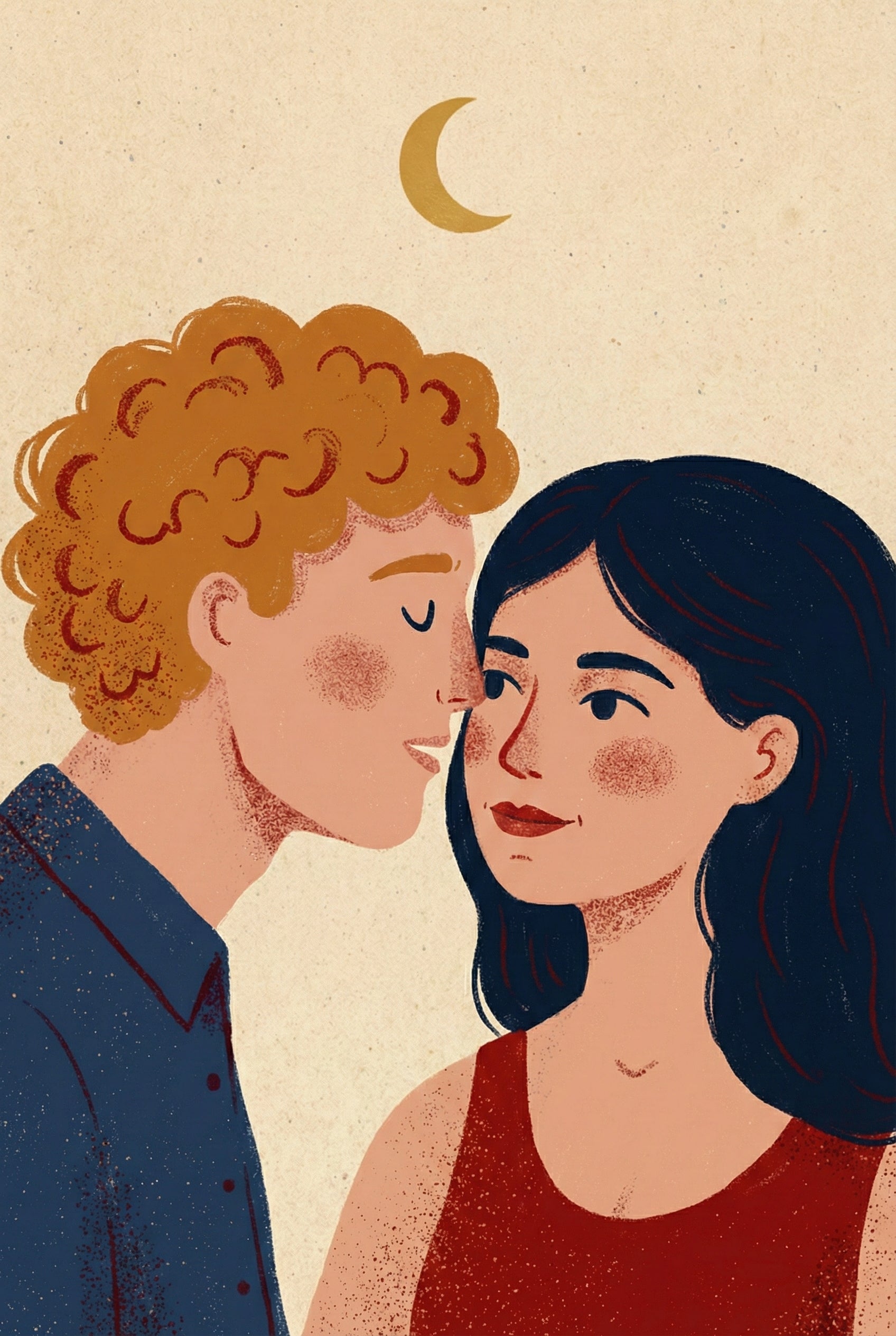 A close-up of a modern, textured illustration showing a red-haired man leaning in with closed eyes toward a smiling dark-haired woman. A simple gold crescent moon floats above their heads against a tan background, evoking warmth and intimacy.