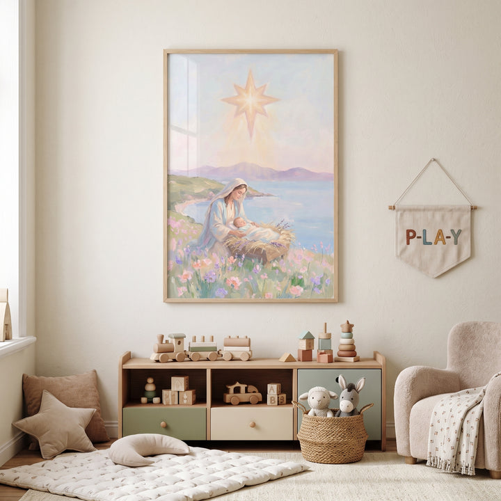 Manger scene baby jesus wall art hangs in a nursery above a shelf with wooden toys and a basket of stuffed animals.