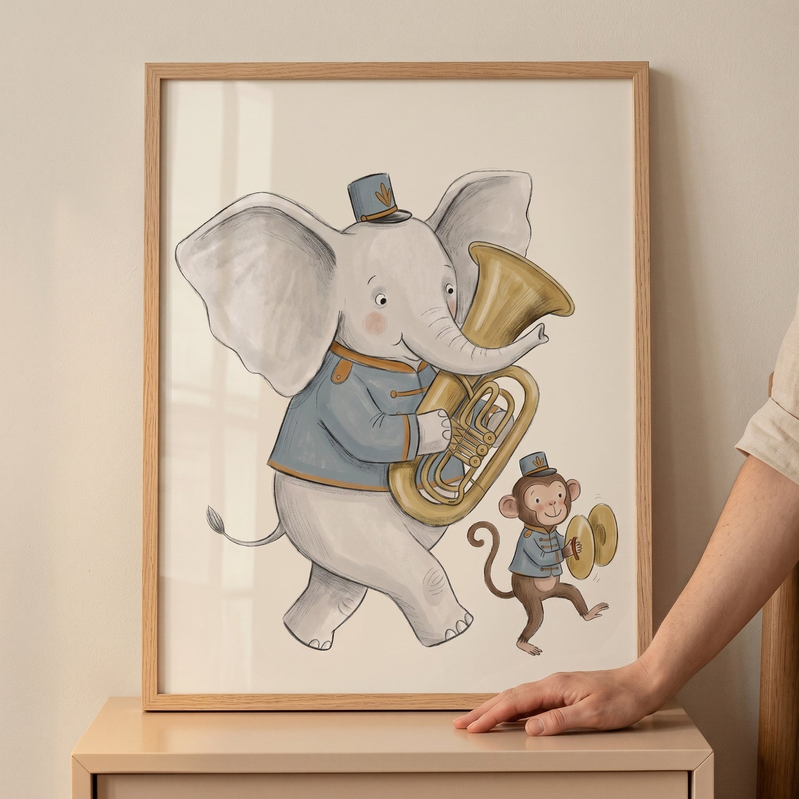 Framed marching band animals wall art with an elephant playing a tuba and a monkey with cymbals in blue uniforms.