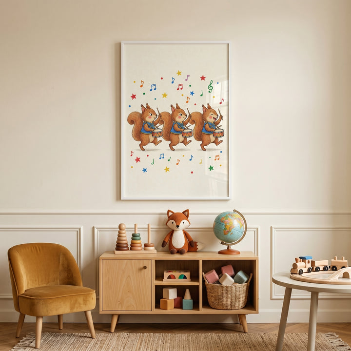 Marching band drum squirrel wall art hangs in a room above a toy cabinet, a plush fox, a globe, and a yellow chair.
