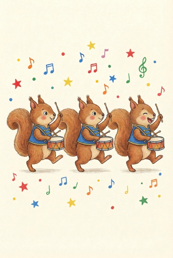 Three squirrels march and play drums among musical notes and stars. Marching band drum squirrel wall art.