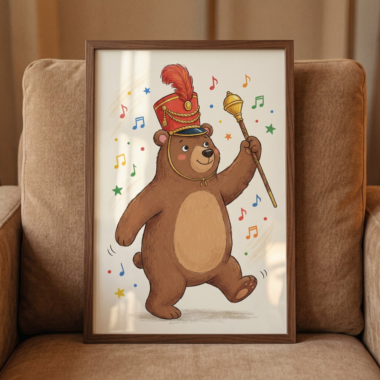 Framed marching band leader bear wall art features a brown bear in a red hat holding a mace among musical notes.