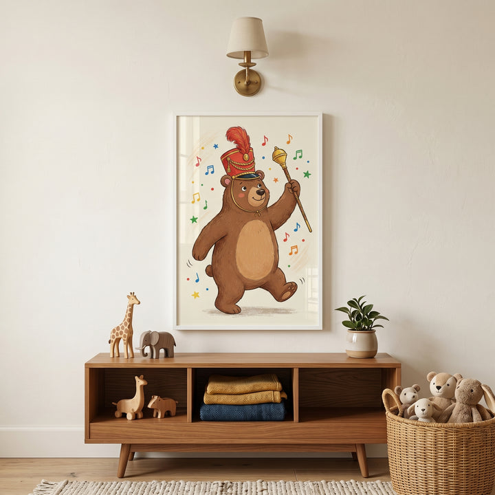 Marching band leader bear wall art hangs above a wooden console with toys, blankets, and a basket of stuffed animals.