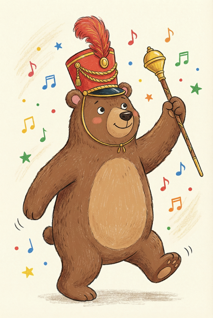 A brown bear in a red plumed hat leads with a mace in this marching band leader bear wall art with music notes and stars.