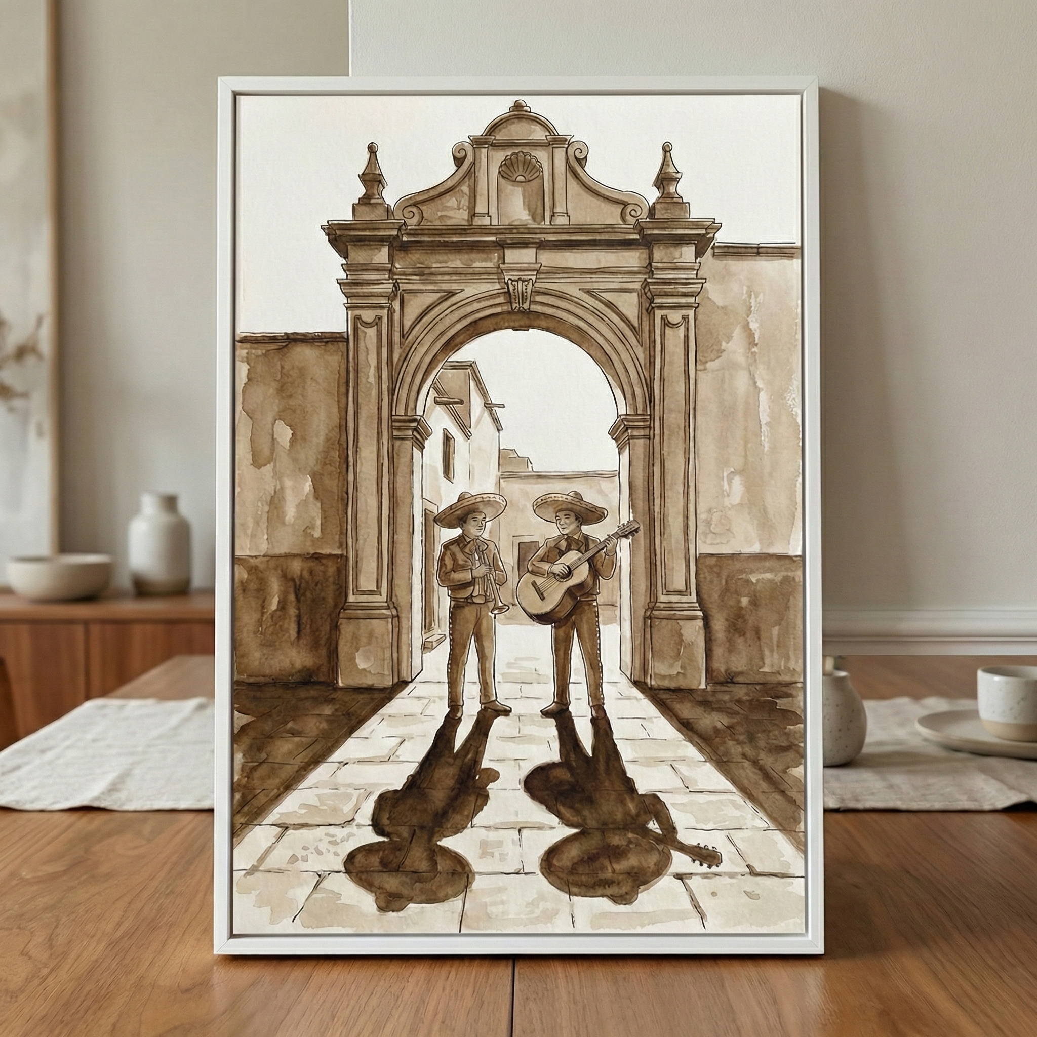 A framed sepia-toned illustration of two musicians in traditional charro suits and sombreros. They stand centered within a large, ornate stone archway leading to a narrow street. One musician holds a guitar, and the other holds a horn. Long, dark shadows of the two figures stretch out on the stone-paved ground in the foreground. The artwork is presented in a thin white frame and sits on a wooden tabletop in a minimalist interior setting.
