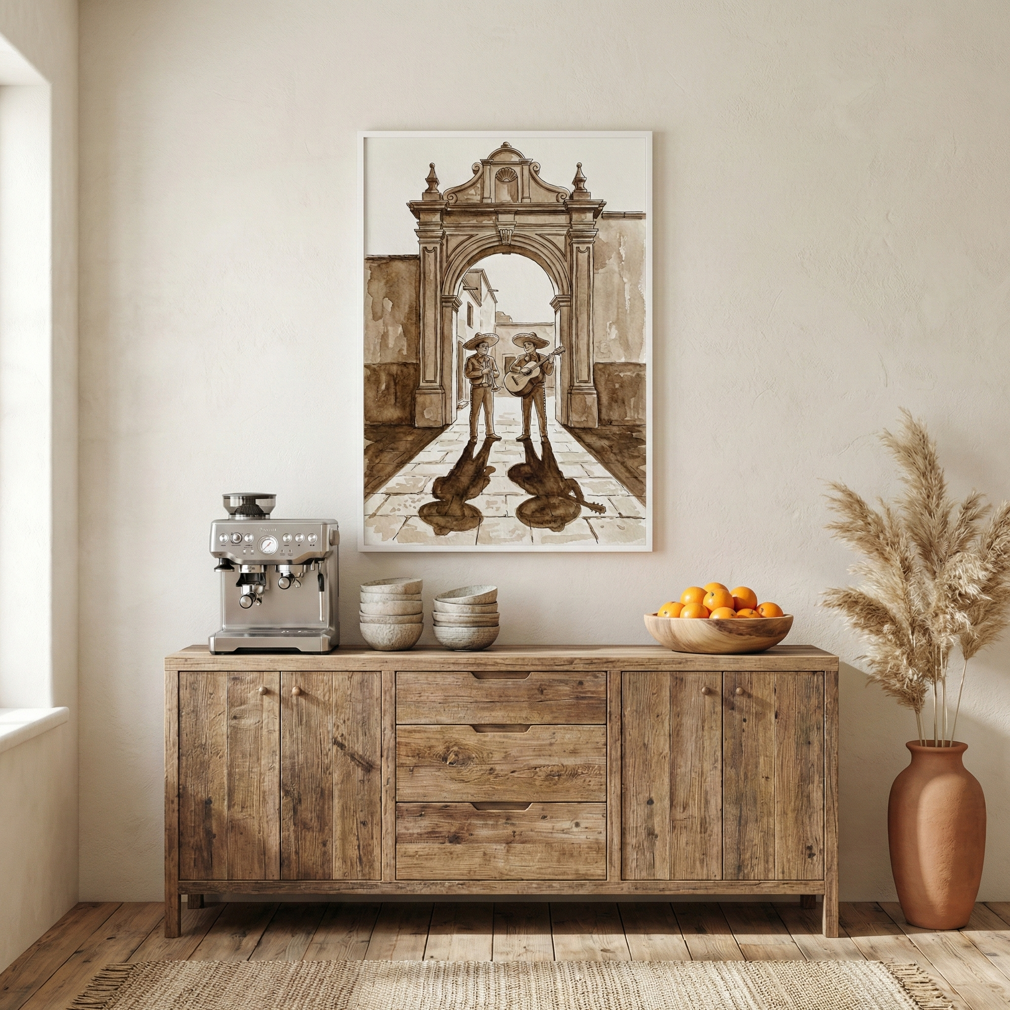 A bright, airy room features a long, rustic wooden sideboard against a neutral wall. Centered above it hangs a large, vertical sepia-toned illustration in a white frame. The artwork depicts two figures in traditional broad-brimmed hats and suits standing within a grand stone archway, with one figure playing a guitar. On the sideboard, there is a silver espresso machine, two stacks of ceramic bowls, and a wooden bowl filled with oranges. To the right, a tall terracotta vase holds feathery dried stalks. 