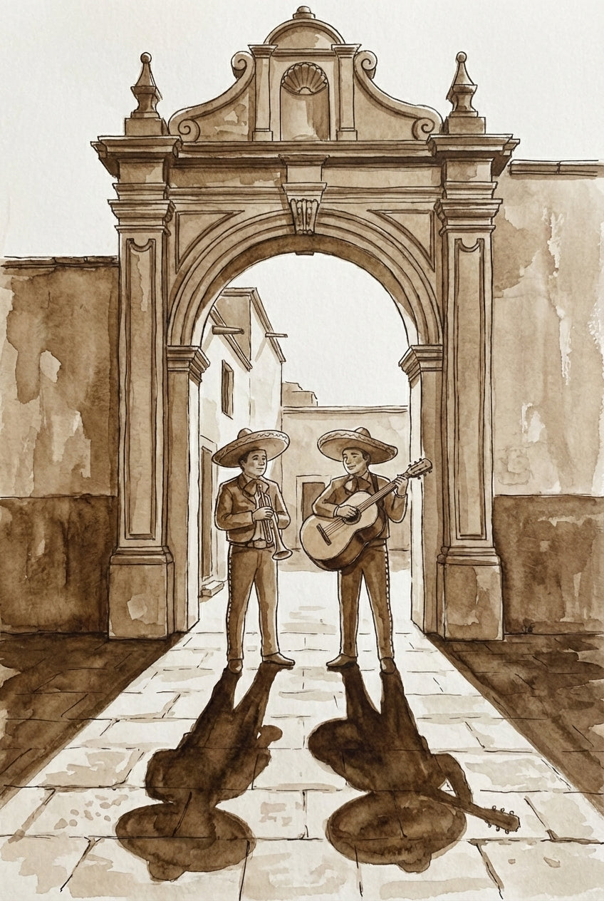 Sepia-toned illustration of two mariachi musicians, one holding a trumpet and the other playing guitar, standing beneath a detailed colonial archway with their long shadows cast across a cobbled path.
