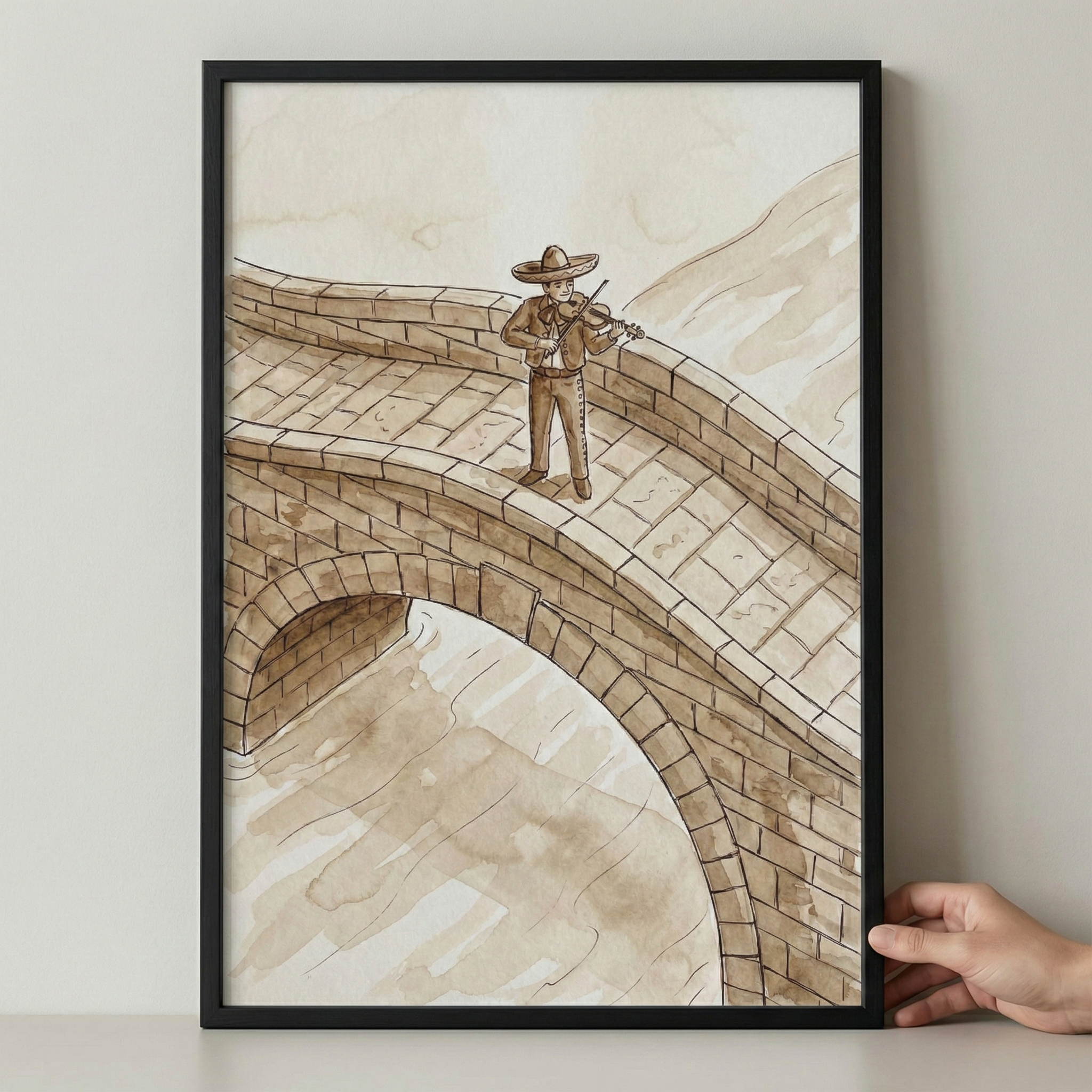 A framed sepia-toned illustration depicts a person in traditional Mexican attire, including a wide-brimmed sombrero, playing a violin. The figure stands atop a high, arched stone bridge that spans a body of water. The artwork is rendered in various shades of brown on a light background. A black frame surrounds the piece, and a hand is visible touching the bottom right corner of the frame.