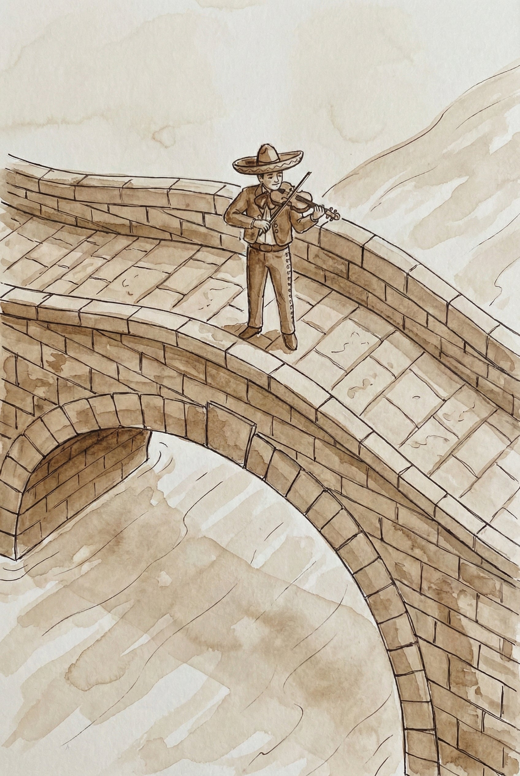 A sepia-toned drawing of a lone mariachi violinist playing atop a curved stone bridge above flowing water.
