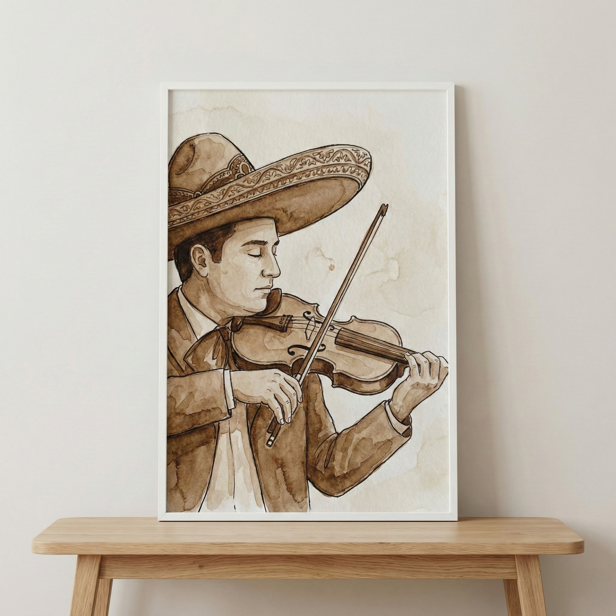 A framed sepia-toned illustration of a man playing the violin. He wears a traditional, wide-brimmed sombrero and a jacket with ornate details. His eyes are closed in concentration as he draws the bow across the strings. The artwork uses various shades of brown, creating a watercolor-like effect with visible washes and ink outlines. The piece is in a simple white frame, which sits on a light wood table against a plain, neutral wall.
