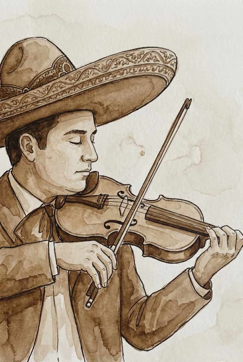 Watercolor illustration of a mariachi musician in traditional dress playing the violin with eyes closed, captured in a calm and expressive moment.

